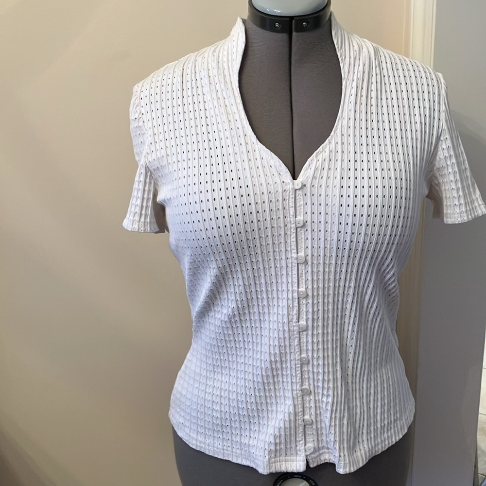 Joseph Ribkoff White Eyelet Button-Front Short Sleeve Top